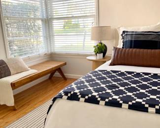 For sale - rugs, bedding, pillows, benches, nightstands, lamps, faux plants, blankets