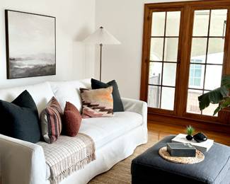 For sale - jute rugs, white sofas, kilim pillows, floor lamps, artwork & decor