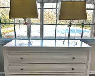 Bernhardt three-drawer white lacquer dresser (one of two available).  53 " L x 20 " W x 32" H.  Restoration Hardware glass lamps.
