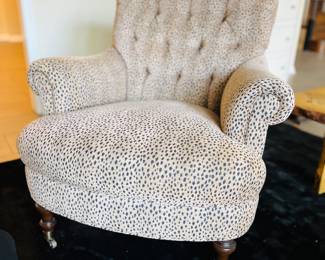 Edward Ferrel custom upholstered tufted rolled arm chairs. 4 available.