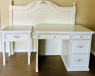"Cottage Style" white floral headboard 69" W x 53" H, nightstand 24" W x 42" L x 31 1/2" H and desk 23" L x 17" H. 