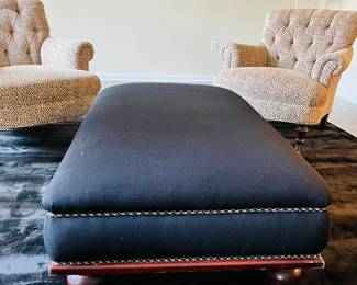 Custom upholstered Ottoman with braided trim detail. 29 " W x 47" L  x 17" H.  