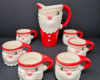 Holt Howard Vintage Christmas Merry Whiskers contemporary Winking Santa Pitcher and 6 mugs (1959)