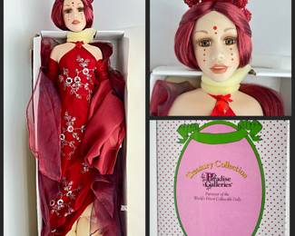 -Exotic 26” Paradise Galleries Porcelain Collectable Doll. Premier Edition Red Hair, Red Gowned Doll