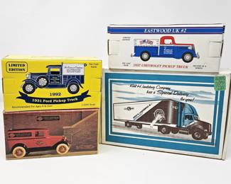 Set of Four Die Cast 1.25 Scale Vintage Cars NIB - Harley Davidson 1931 Panel Delivery Bank, Tractor Trailer & More!