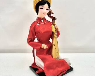 Handmade Vintage Vietnamese Doll - 11”Seated Doll Playing a Musical Instrument