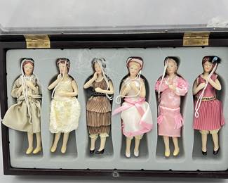 6 Victorian Porcelain Christmas Ornaments “Roaring 20s Ladies” in Shadow/Display Box