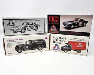 Lot of Four Die Cast 1/25 ERTL Vintage Cars - 1926 Mack Delivery Tuck - 63 Corvette Stingray & More - NIB