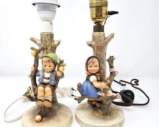 Pair of Vintage Goebel Hummel Lamps, Apple Tree Boy and Apple Tree Girl - Some Flaws Noted