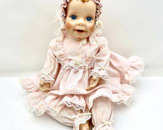 16" Danbury Mint- Elke Hutchens Seated Baby Girl Porcelain Doll “Tracy” in pink dress from 1992