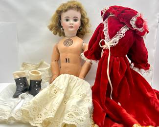Incredible 22" Antique Doll- Bisque Bahr & Proschild German Head (224), SFBJ Period Body w/ Reuge Music box in Torso- Wooden Articulated Joints- Original Clothing