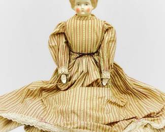 Large 32” German China Doll with Cloth Body- Blonde Porcelain Head with Blue Eyes, Porcelain Limbs