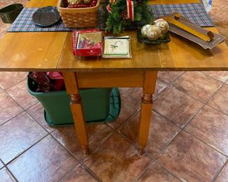 smaller drop leaf table, assorted Christmas items