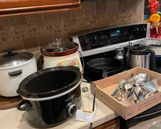 crock pots, cast iron skillets, assorted silverware