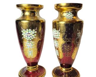 Pair 2ft Vintage Bohemian Cranberry Glass Vases