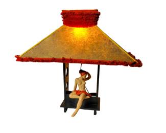 1950s Chinese Ceramic and Wood Nude Lamp