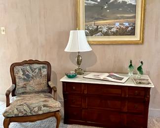 Vintage French Provincial Cane Back Waterfowl Upholstered Chair, American Eastlake Marble Top Chest C. 1870