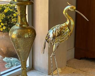 Brass Heron Figure (Have 2) ,Heavy Etched Brass Floor Vase ( Have 2 )