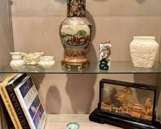 Vintage Belleek Ireland-Brown and Green Stamp, Hand Painted Moriage Gold Gilt Asian Vase Stamped, Japanese Kutani Ware Sake Bottle, Consolidated Phoenix Art Glass White Satin Martell Chickadee Vase, Vintage Chinese Framed 3-D Cork Diorama