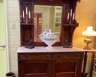 American Victorian Mahogany Eastlake Marble Top Buffet C. 1880. This piece is originally from Washington, LA. It was purchased from the Peebles Estate in Rock Island Tx.