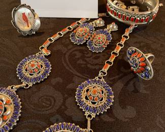 Vintage Zuni Necklace, Earrings, Ring and Bracelet, 1970’s Mother of Pearl Cardinal Inlay On Abalone Cabochon Sterling Silver Ring