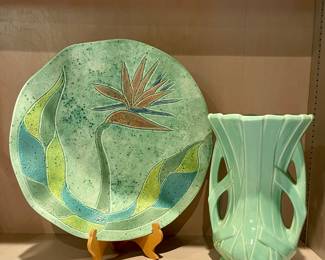 Handmade Signed Pottery Bird of Paradise Platter by local artist Richard Eastman, Vintage McCoy Vase