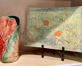 Handmade Signed Pottery Leaf Vase and Fish Platter by local artist Richard Eastman