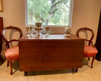 American Gate Leg Oak Dining Drop Leaf Table C.1880, Antique Balloon Back Chairs- purchased from the Anna Lee & Frank Higgins Estate