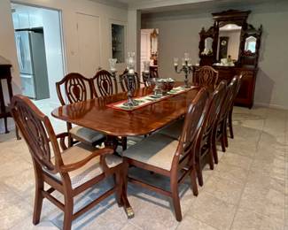 George III Style Mahogany Dining Table C. 1990-2 arm chairs, 8 side chairs, & 2 leaves, Vintage Ornate Silverplate Candlesticks