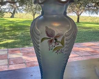 Beautiful Fenton Irises on Misty Blue Iridescent Satin Feather-Signed & Handpainted