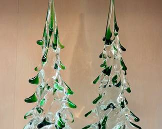 Cenedese Italian Modern Green Spike Hand-blown Art-glass Tree Sculptures