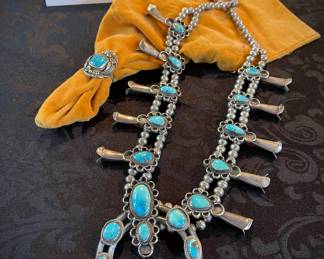 Vintage 70’s Navajo Native American Sterling Silver & Turquoise Squash Blossom Necklace