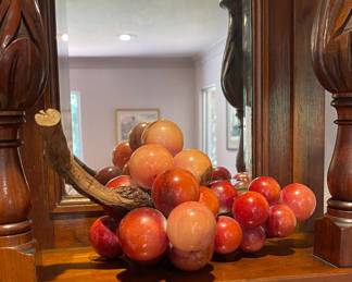 MCM Large Alabaster Marble Stone Red Gold Grape Cluster With Real Wood Stem