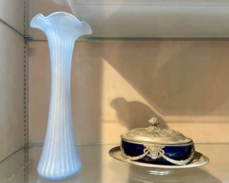 Frosted Blue Vase, Ornate Silverplate & Cobalt Glass Butter Dish