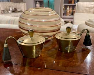 Vintage Siamese Teak Wood & Brass Sugar/Creamer, Art-glass Vase