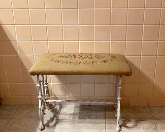 Heavy Antique Cast Iron Stool With Needlepoint Seat