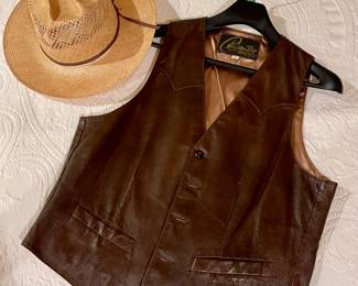 Vintage Leather Vest from Cutter Bill’s Western Store-Houston, Vintage D & D Seguin Straw Cowboy Hat