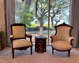 Antique Victorian Eastlake Chairs, Vintage Carved Octagonal Accent Table, Heavy Fluted Art Glass Vase