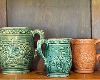 Unmarked McCoy Pottery/Stoneware -McCoy Water Lily Pitchers With Fish Handles