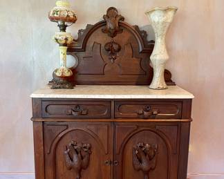 American Victorian Marble Top Oak Server C. 1860, Victorian Handpainted Floral & Brass Banquet Lamp, Heavy Swirl Art Glass Handkerchief Vase-Gorgeous!