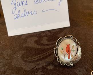 1970’s Mother of Pearl Cardinal Inlay On Abalone Cabochon Sterling Silver Ring