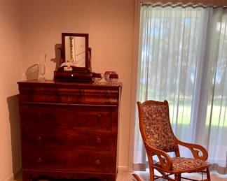 American Empire Flame Mahogany Chest C. 1860 Made in Galveston for the Rosenberg Family-A Texas Piece! Oak Rocking Chair with Gooseneck Arms C. 1940