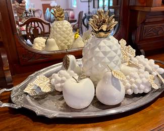 Elegant Ceramic Fruit, Silverplate Tray