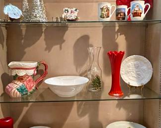 Christmas Decor-Fitz & Floyd Stocking Pitcher, Serving Pieces, MCM Red Slag Glass Vase, Vintage Wm Roger’s Silverplate Christmas Goose & Sled Coasters