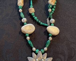 Vintage Sterling Silver, Malachite, & Deer Horn Necklace