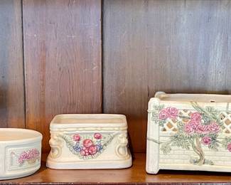 Weller Triple Buttress Compote, Weller Roma Pottery Planter, Weller Roma Lion Head & Fruit Planter (as is), Antique Weller Art Deco Rose Garden Planter, Weller Art Pottery With Embossed Flowers