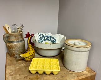 Antique Crock Bowl, Art Glass Rooster, Vintage Hubbard’s Standard Feed Sack