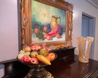Beautiful Original Fruit Painting in an Ornate Gold Frame, Vintage Alabaster Fruit in Ornate Gold-tone Pedestal Dish, Art-glass Vase