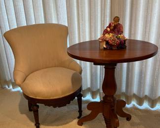 American Victorian Boudoir Chair C. 1880, Victorian Mahogany Table C. 1880