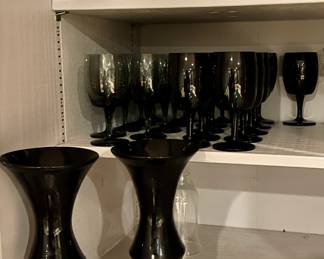 Vintage Milkglass, MCM Gorham Smoky Brown Water Goblets, MCM Gorham Black Accent Water Goblets